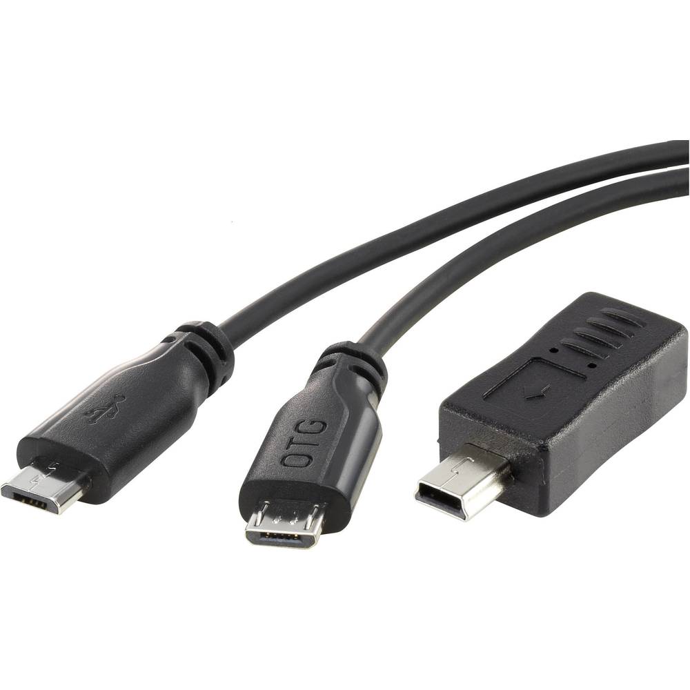 Renkforce USB kabel USB 2.0 USB Micro-B zástrčka, USB Mini-B zástrčka 0.15 m černá s funkcí OTG, SuperSoft opletení RF-3