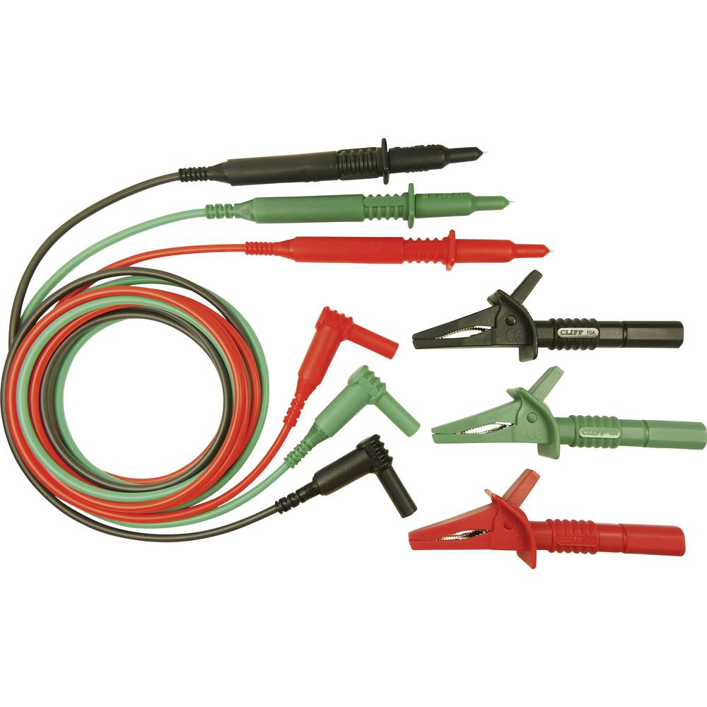 Cliff CIH29916 sada bezpečnostních měřicích kabelů [zástrčka 4 mm - zkušební hroty] 1.50 m, zelená, červená, černá, 1 ks