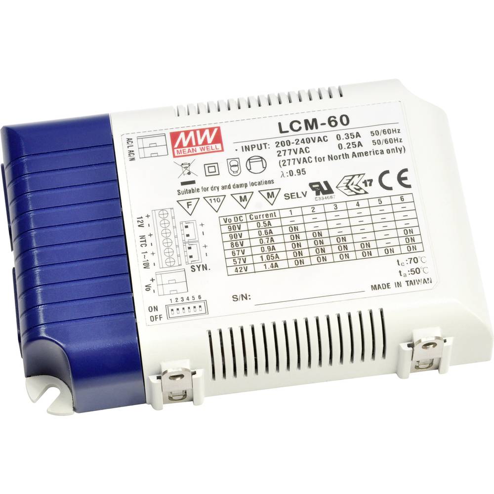 Mean Well LCM-60 LED driver konstantní proud 60 W 0.5 - 4.4 A 2 - 90 V/DC PFC spínací obvod , ochrana proti přepětí , st