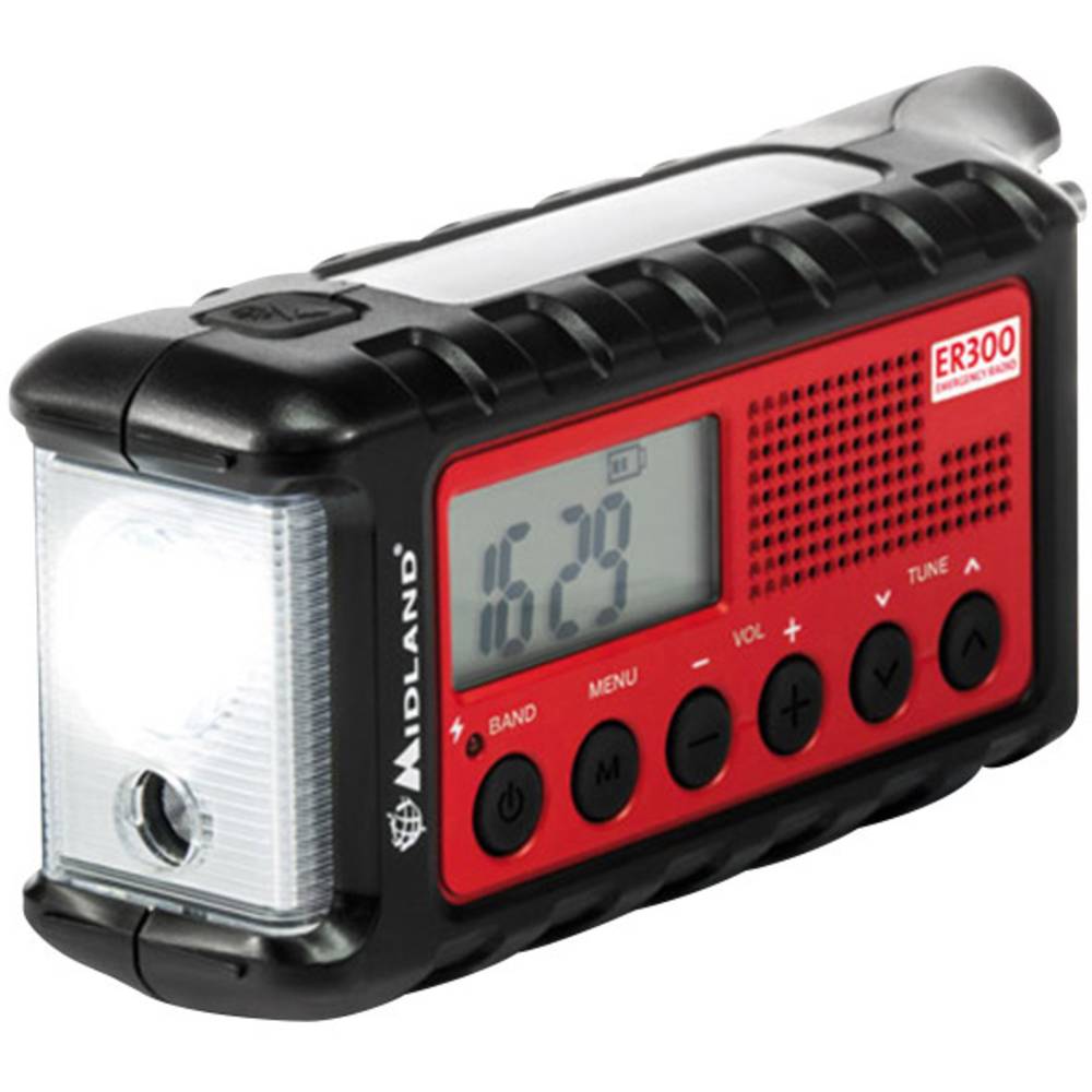 Midland C1173 outdoorové rádio FM nouzové rádio stolní lampa, s akumulátorem, Ruční klika, Solární panel černá, červená