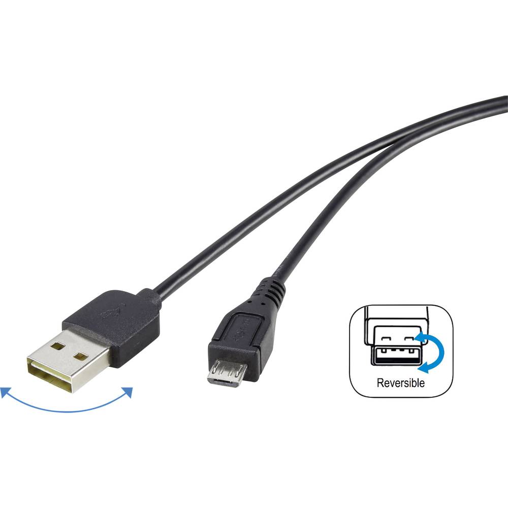 Renkforce USB kabel USB 2.0 USB-A zástrčka, USB Micro-B zástrčka 1.80 m černá oboustranně zapojitelná zástrčka, pozlacen