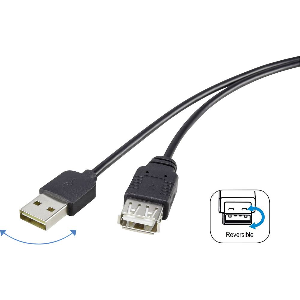 Renkforce USB kabel USB 2.0 USB-A zástrčka, USB-A zásuvka 1.80 m černá oboustranně zapojitelná zástrčka, pozlacené konta