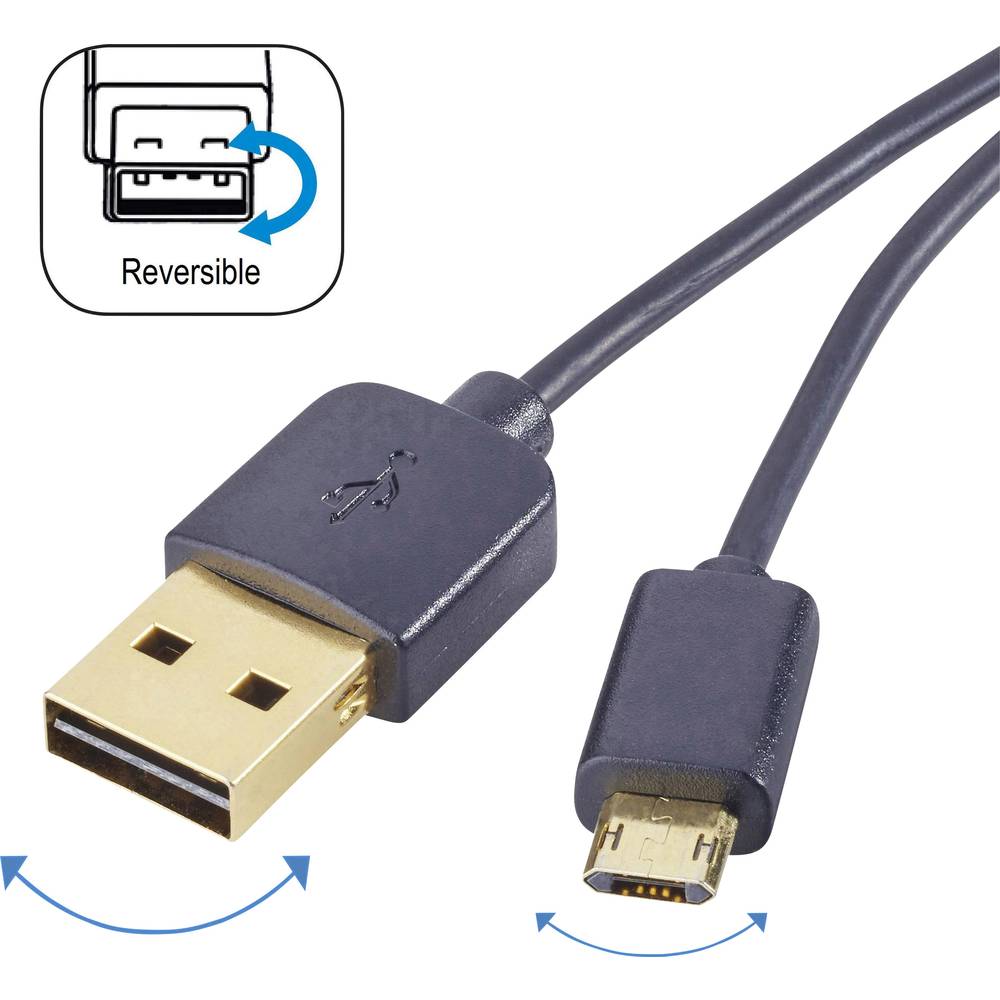 Renkforce USB kabel USB 2.0 USB-A zástrčka, USB Micro-B zástrčka 1.00 m černá oboustranně zapojitelná zástrčka, pozlacen