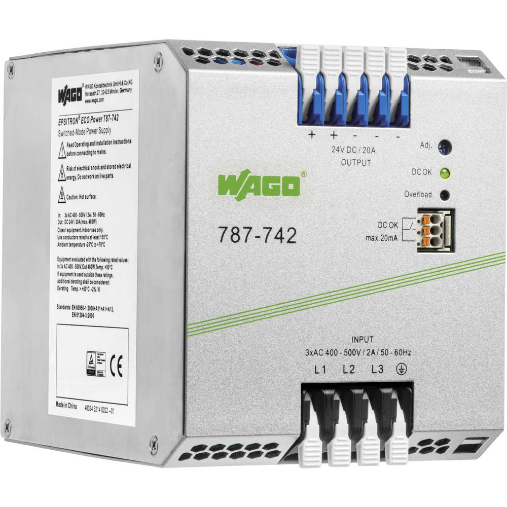 WAGO 787-742 síťový zdroj na DIN lištu, 24 V, 20 A, 480 W, výstupy 1 x
