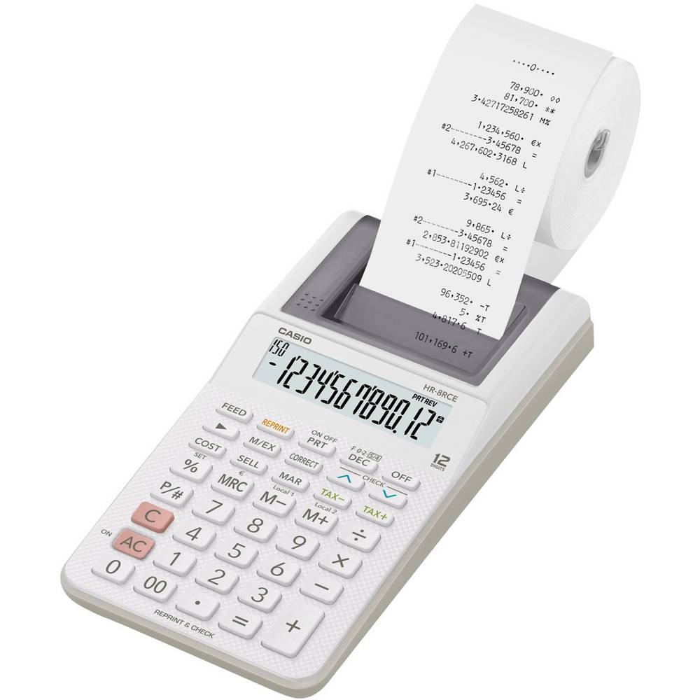Casio HR-8RCE-WE stolní kalkulačka s tiskárnou bílá Displej (počet míst): 12 na baterii, napájení ze sítě (výběrově) (š