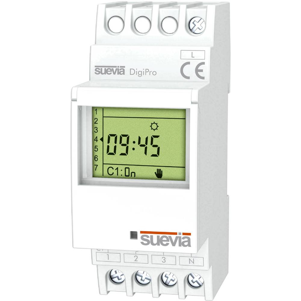 spínací hodiny na DIN lištu 1 ks Suevia DigiPro Spínací napětí (max.): 250 V/AC Spínací proud (max.): 16 A 1 přepínací k