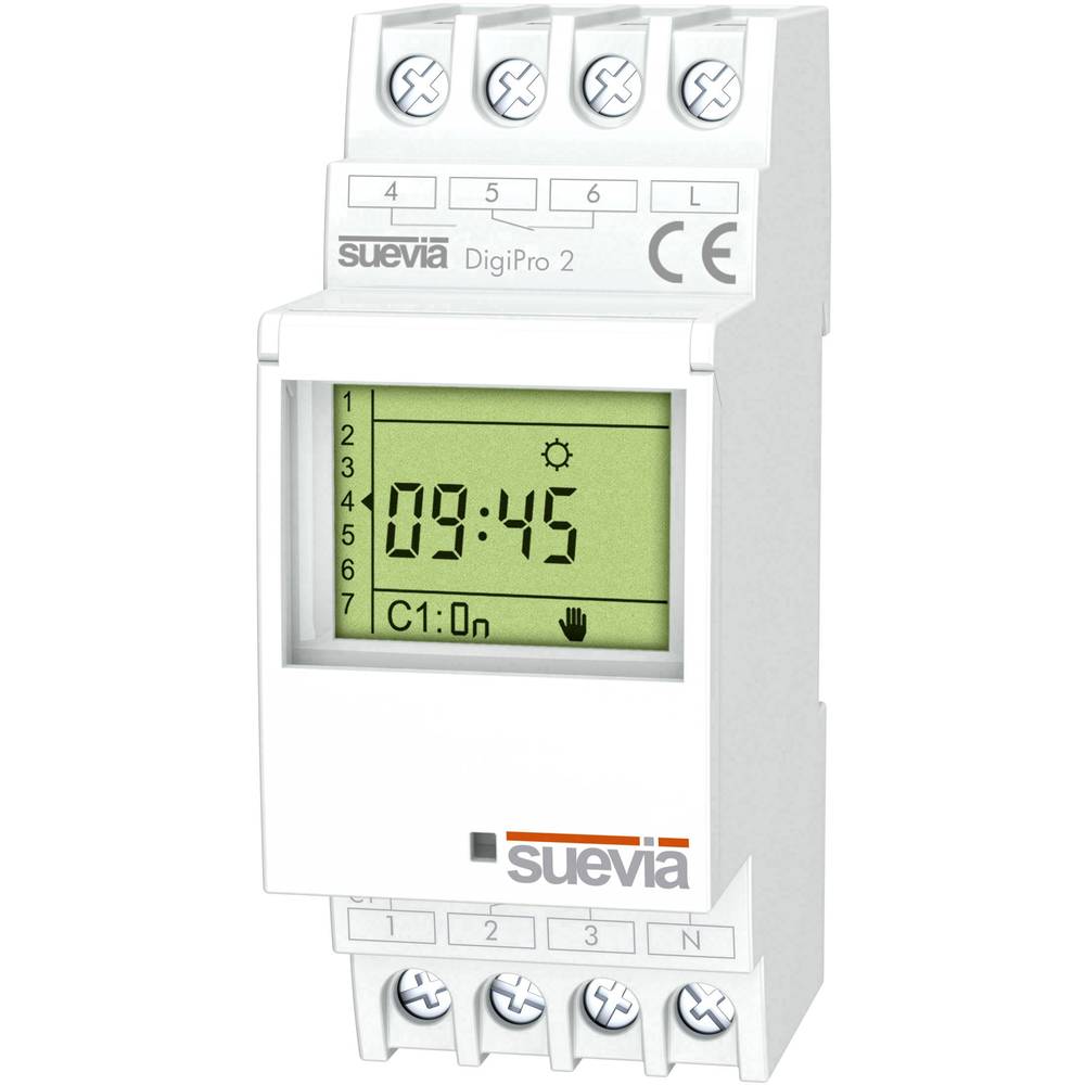 spínací hodiny na DIN lištu 1 ks Suevia DigiPro 2 Spínací napětí (max.): 250 V/AC Spínací proud (max.): 16 A 2 přepínací