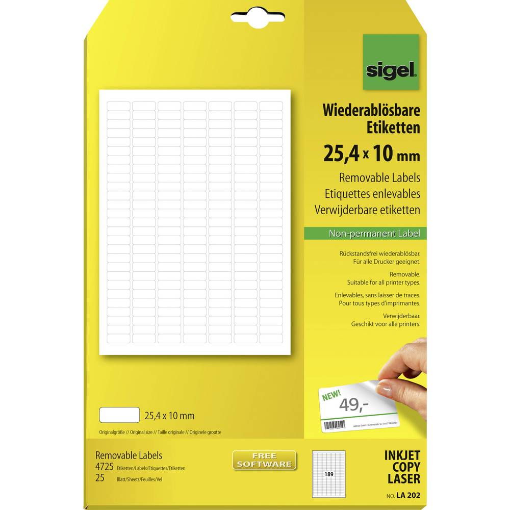 Sigel LA202 univerzální etikety 25.4 x 10 mm papír bílá 4725 ks přemístitelné inkoustová tiskárna, laserová tiskárna, ba