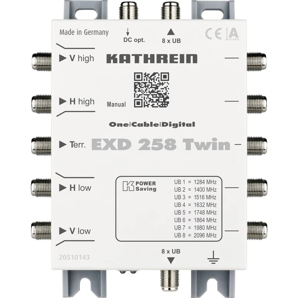 Kathrein EXD 258 Twin kaskádový rozdělovač pro satelitní signál (Unicable) Vstupy (vícenásobný spínač): 5 (4 SAT/1 teres