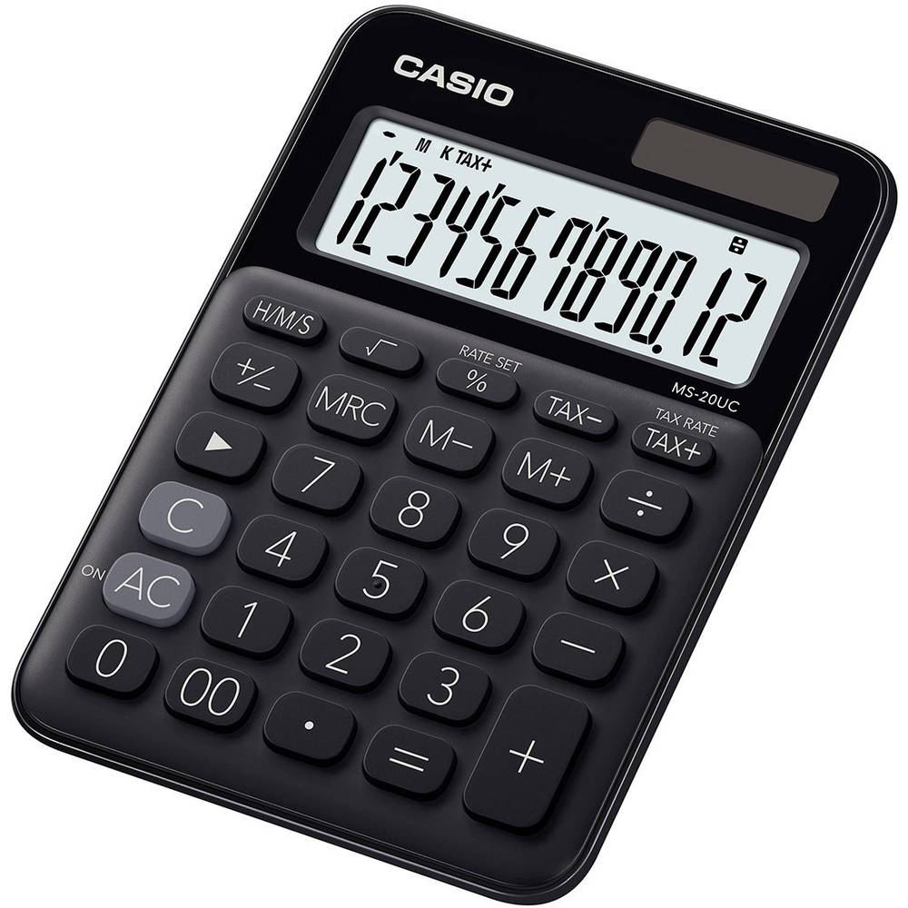Casio MS-20UC-BK stolní kalkulačka černá Displej (počet míst): 12 solární napájení, na baterii (š x v x h) 105 x 23 x 14