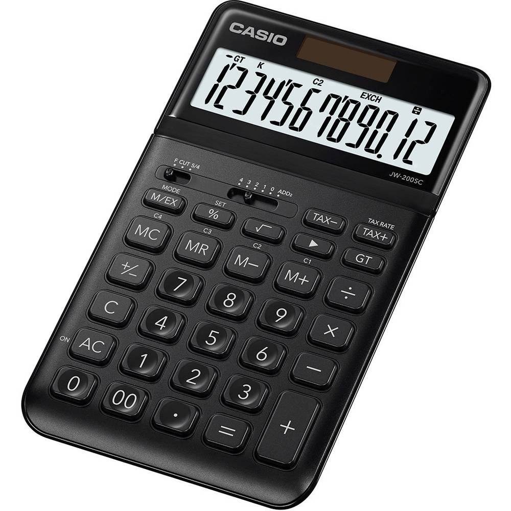 Casio JW-200SC-BK stolní kalkulačka černá Displej (počet míst): 12 solární napájení, na baterii (š x v x h) 109 x 11 x 1