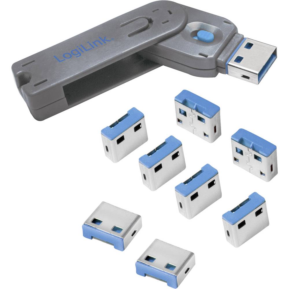 LogiLink zámek portu USB USB PORT LOCK, 1 KEY + 8 LOCKS sada 8 ks stříbrná, modrá vč. 1 klíče AU0045