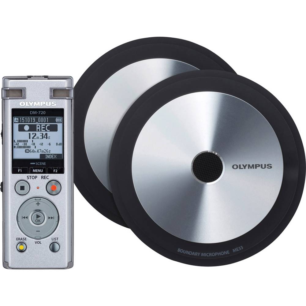 Olympus DM-720 Meet & Record Kit Large digitální diktafon Maximální čas nahrávání 985 h stříbrná vč. 2 mikrofonů hraničn