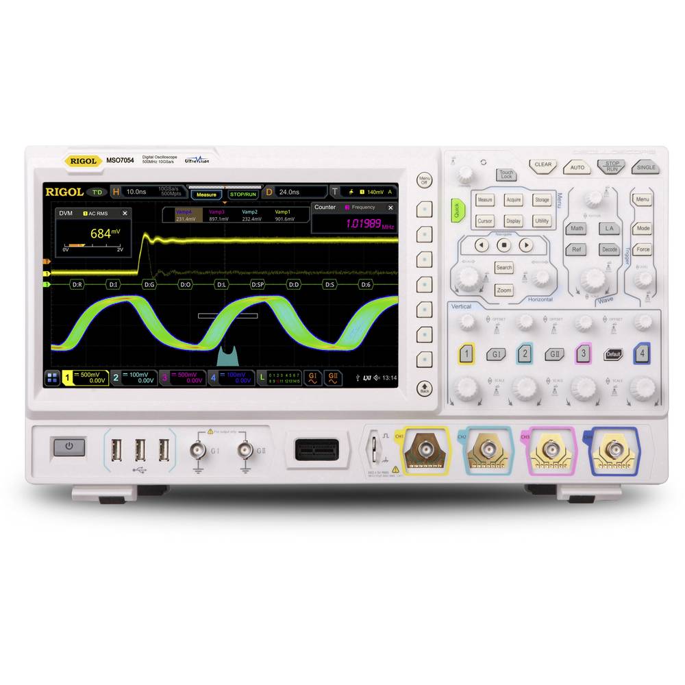 Rigol MSO7014 digitální osciloskop Kalibrováno dle (DAkkS) 100 MHz 10 GSa/s 500 Mpts funkce multimetru, mixovaný signál