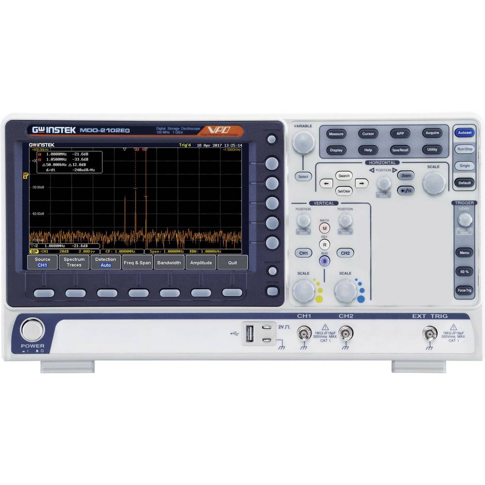 GW Instek MDO-2102EX digitální osciloskop 100 MHz 1 GSa/s 10 Mpts 8 Bit Kalibrováno dle (ISO) s pamětí (DSO), spektrální