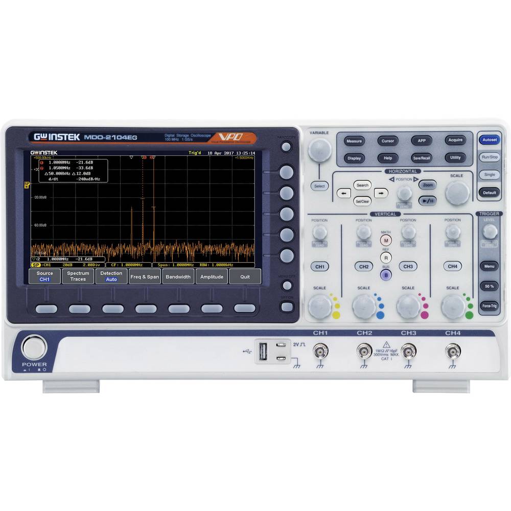 GW Instek MDO-2104EG digitální osciloskop Kalibrováno dle (ISO) 100 MHz 1 GSa/s 10 Mpts 8 Bit s pamětí (DSO), spektrální