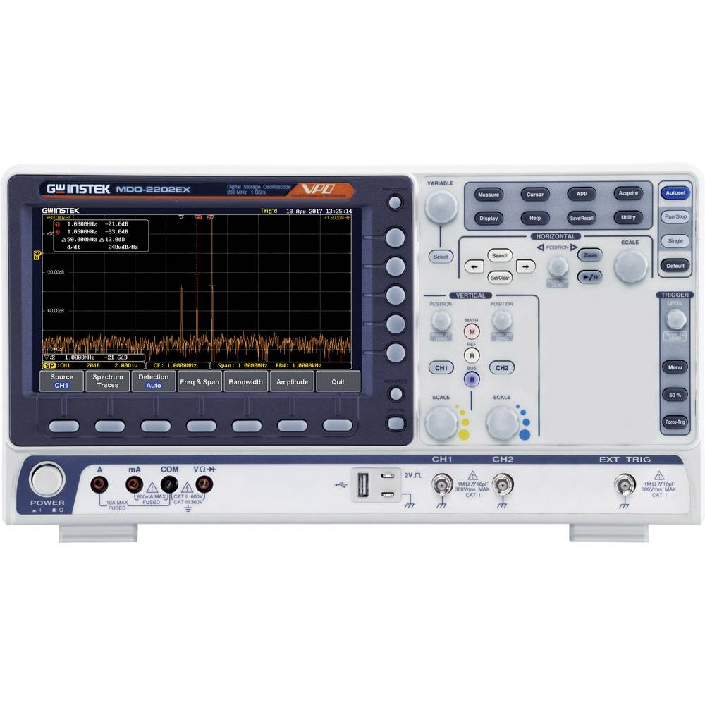 GW Instek MDO-2202EG digitální osciloskop Kalibrováno dle (ISO) 200 MHz 1 GSa/s 10 Mpts 8 Bit s pamětí (DSO), spektrální