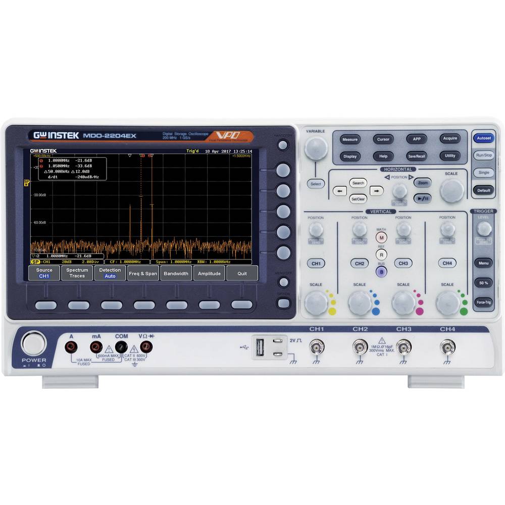 GW Instek MDO-2204EG digitální osciloskop Kalibrováno dle (ISO) 200 MHz 1 GSa/s 10 Mpts 8 Bit s pamětí (DSO), spektrální
