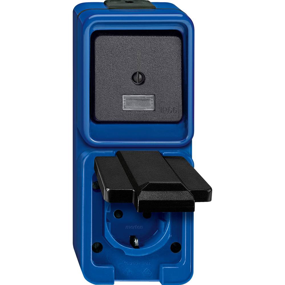 Merten kompletní sada kontrolní spínač, zásuvka s ochranným kontaktem se sklopným víkem , kombinace vypínač/zásuvka modr