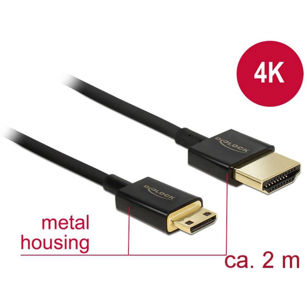 Delock HDMI kabel Zástrčka HDMI-A, Zástrčka HDMI Mini-C 2.00 m černá 84778 4K UHD, pozlacené kontakty HDMI kabel