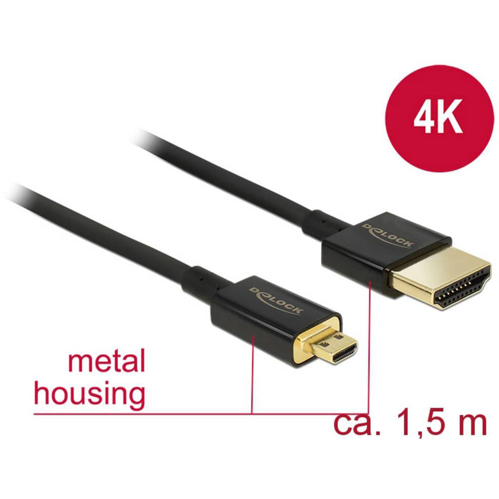 Delock HDMI kabel Zástrčka HDMI-A, Zástrčka HDMI Micro-D 1.50 m černá 84782 pozlacené kontakty HDMI kabel