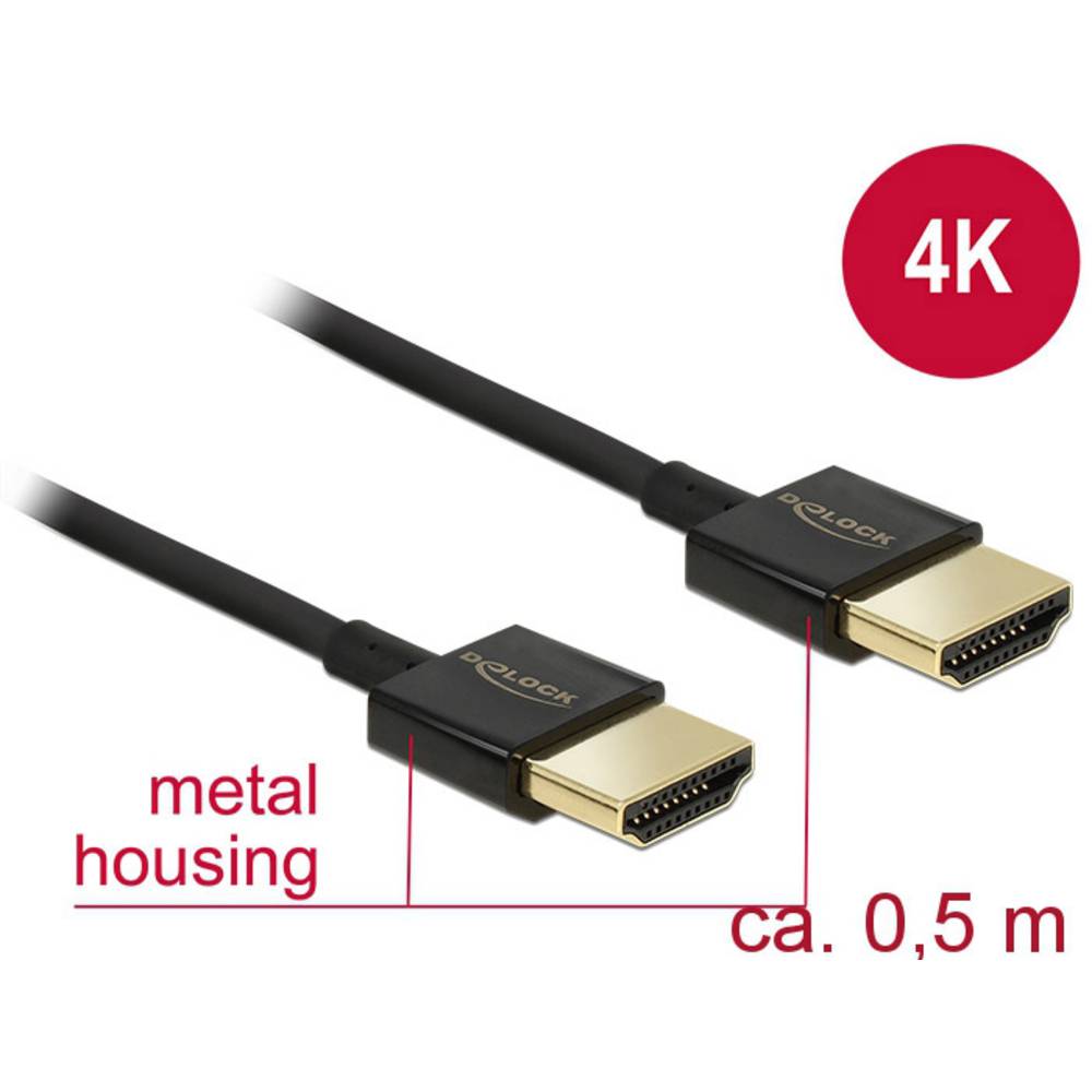 Delock HDMI kabel Zástrčka HDMI-A, Zástrčka HDMI-A 0.50 m černá 84786 pozlacené kontakty HDMI kabel
