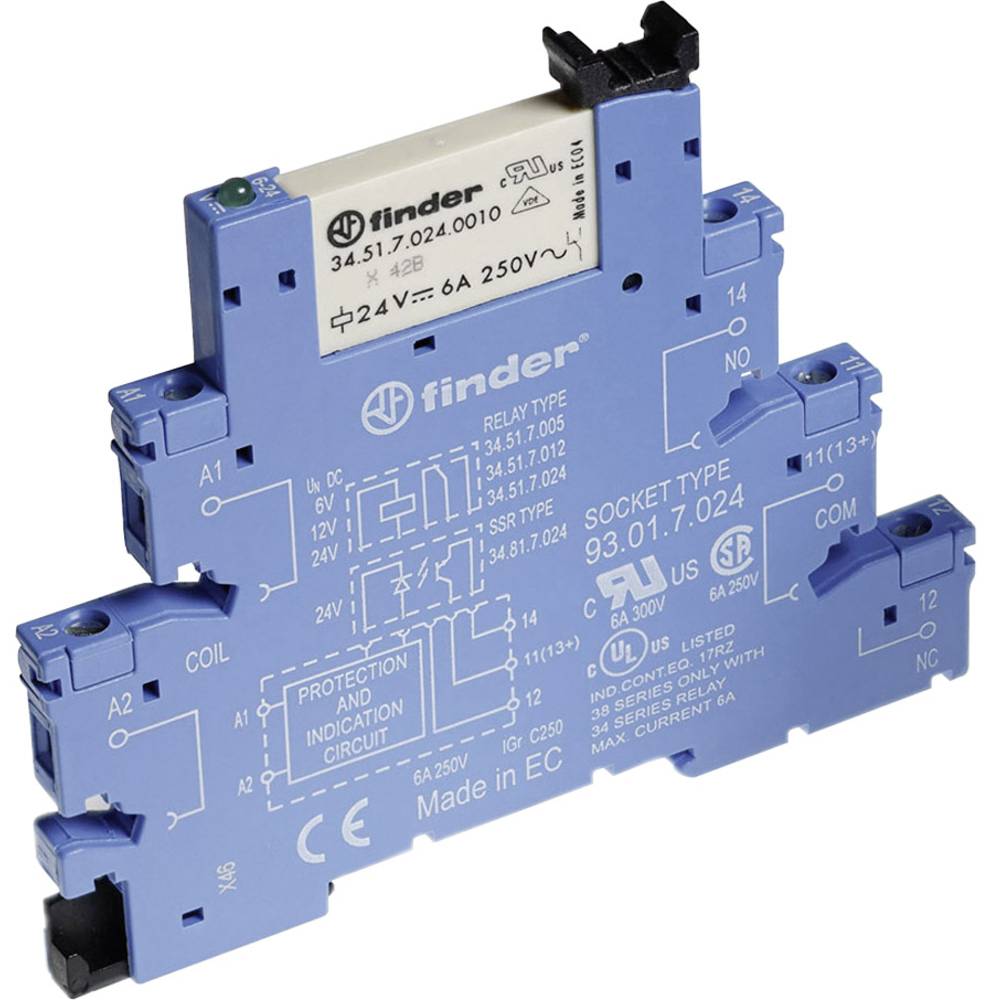 Finder 38.61.0.024.0060 reléový modul Jmenovité napětí: 24 V/DC, 24 V/AC Spínací proud (max.): 6 A 1 přepínací kontakt 1