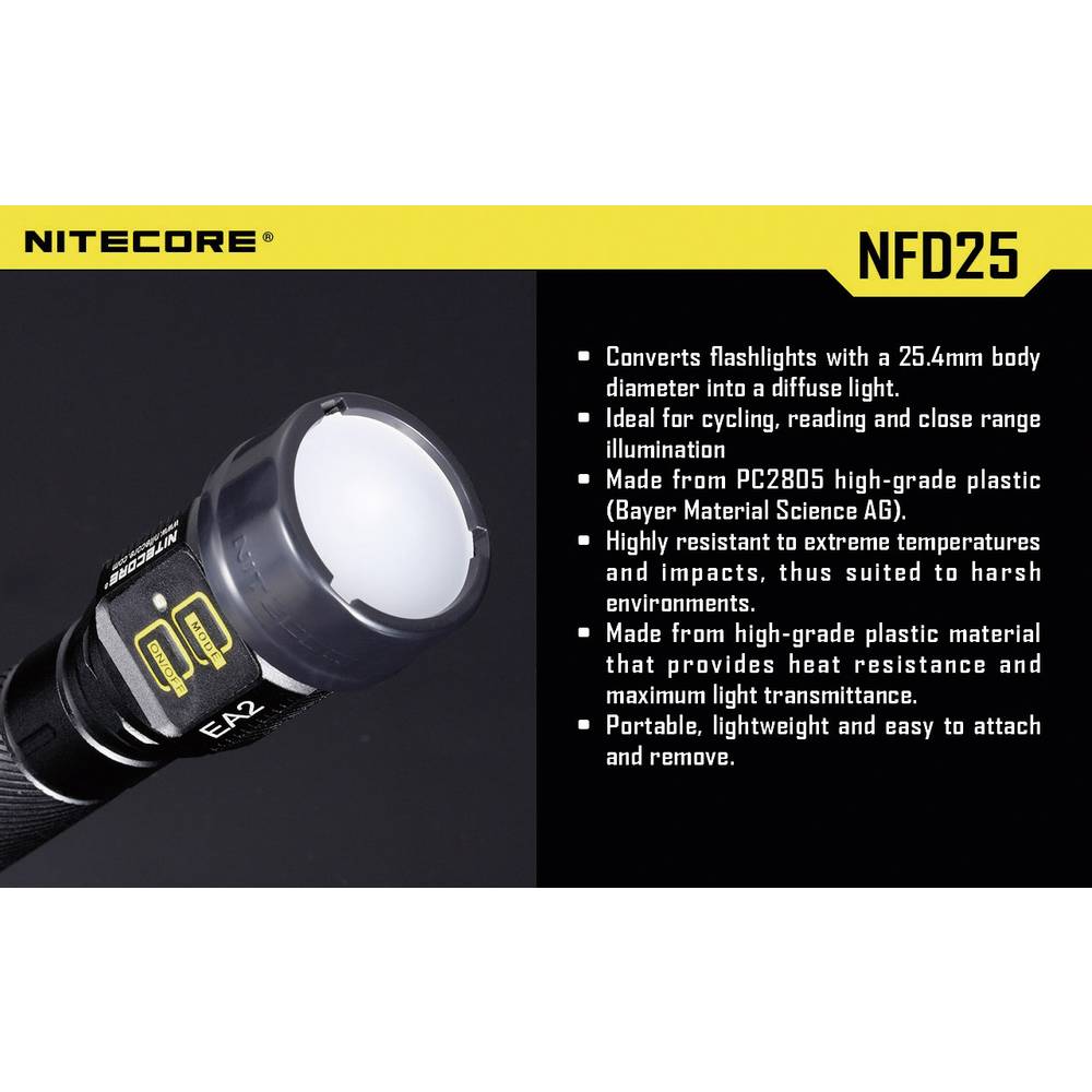NiteCore NITNFD25 difuzor EC1, EC2, EA1, EA2, MT2C, P12, SRT3, SRT5 a kapesní svítilny o Ø 25 mm