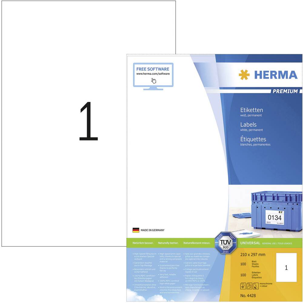 Herma 4428 univerzální etikety 210 x 297 mm papír bílá 100 ks trvalé inkoustová tiskárna, laserová tiskárna, barevná las