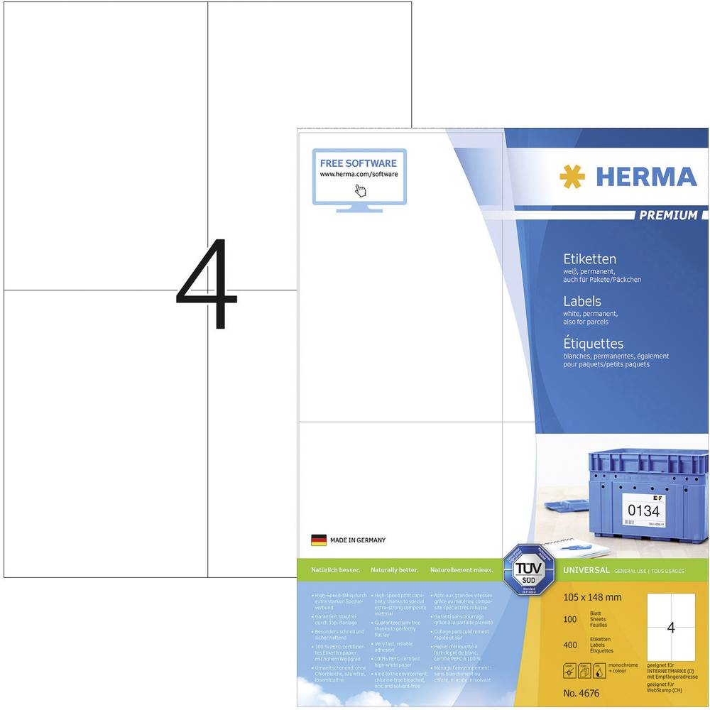 Herma 4676 univerzální etikety 105 x 148 mm papír bílá 400 ks trvalé inkoustová tiskárna, laserová tiskárna, barevná las