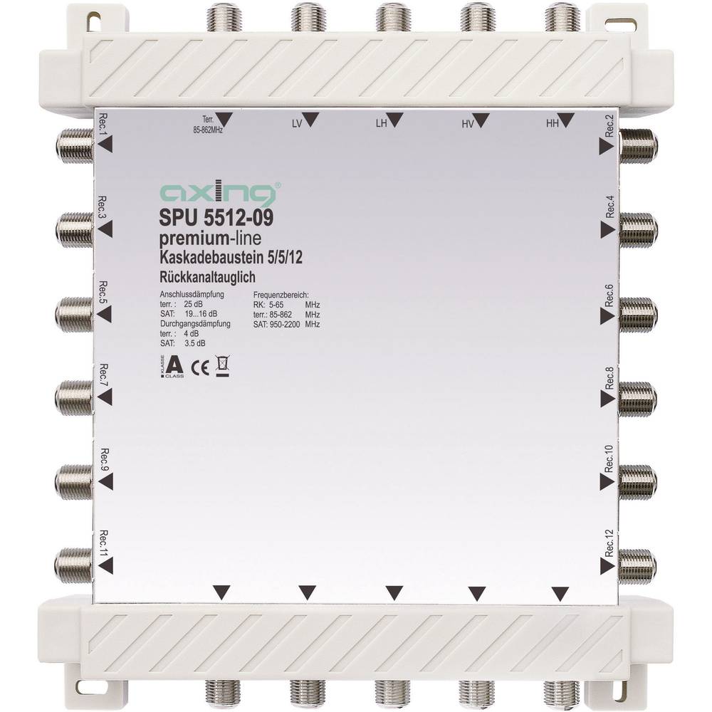 Axing SPU 5512-09 kaskádový rozdělovač pro satelitní signál Vstupy (vícenásobný spínač): 5 (4 SAT/1 terestrický) Počet ú