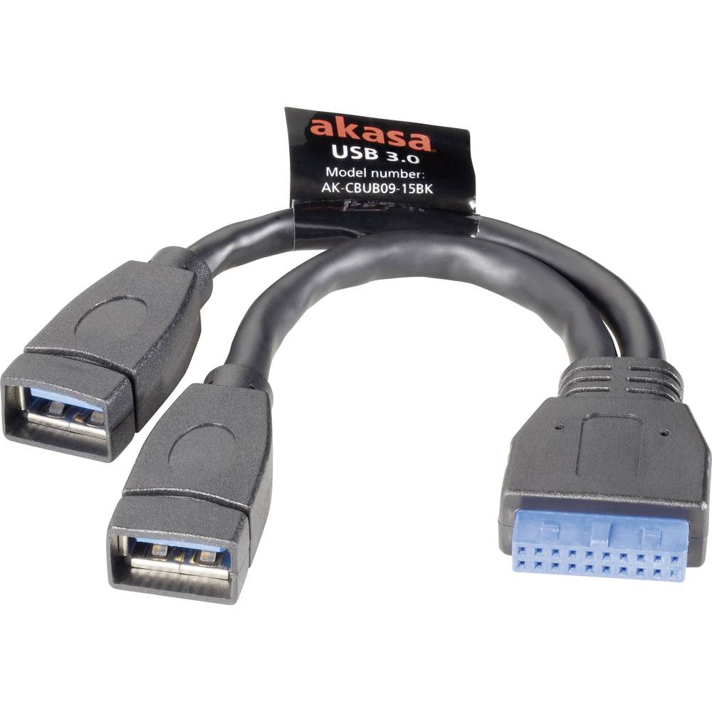 Akasa USB kabel USB 3.2 Gen1 (USB 3.0 / USB 3.1 Gen1) plochý konektor 19pol., USB-A zásuvka 0.15 m černá pozlacené konta