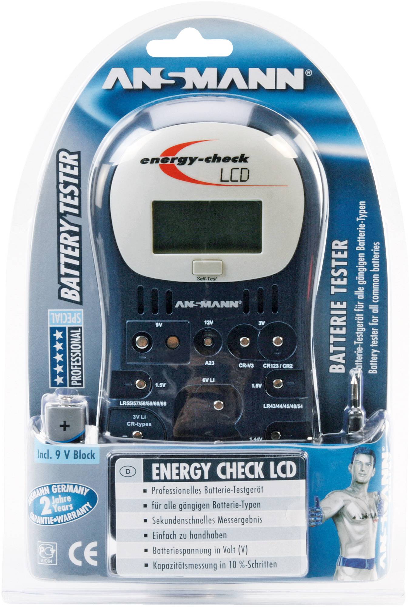 Batteritester-emballage: Enhed med LCD-skærm til at teste forskellige batterityper. Tekst: 'Energy Check LCD', og tekniske detaljer.