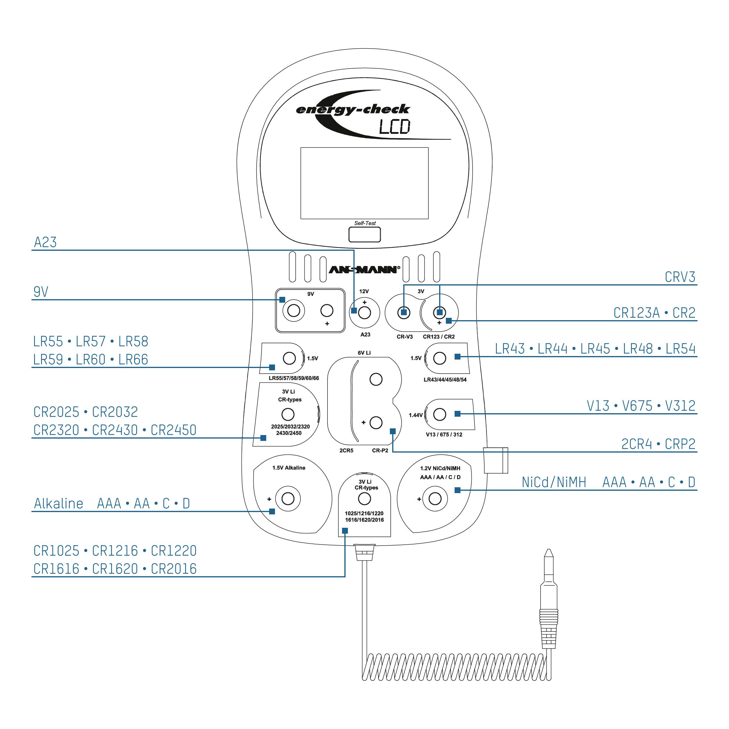 'Ansmann Energy Check LCD': Apparat til batteritestning med LCD-display. Viser forskellige kompatible batterityper og tilslutninger.