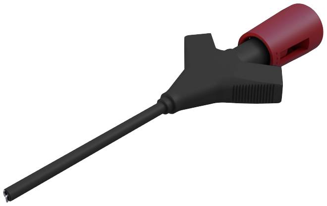 Et sort kabel med en rød plasticisolering viser en elektronisk eller elektrisk forbindelsesanordning.