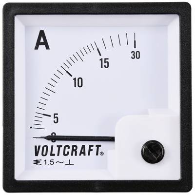 Analogt amperemeter med skala fra 0 til 30 ampere. Nålen peger på 4 ampere. 'VOLTCRAFT' mærke nederst.