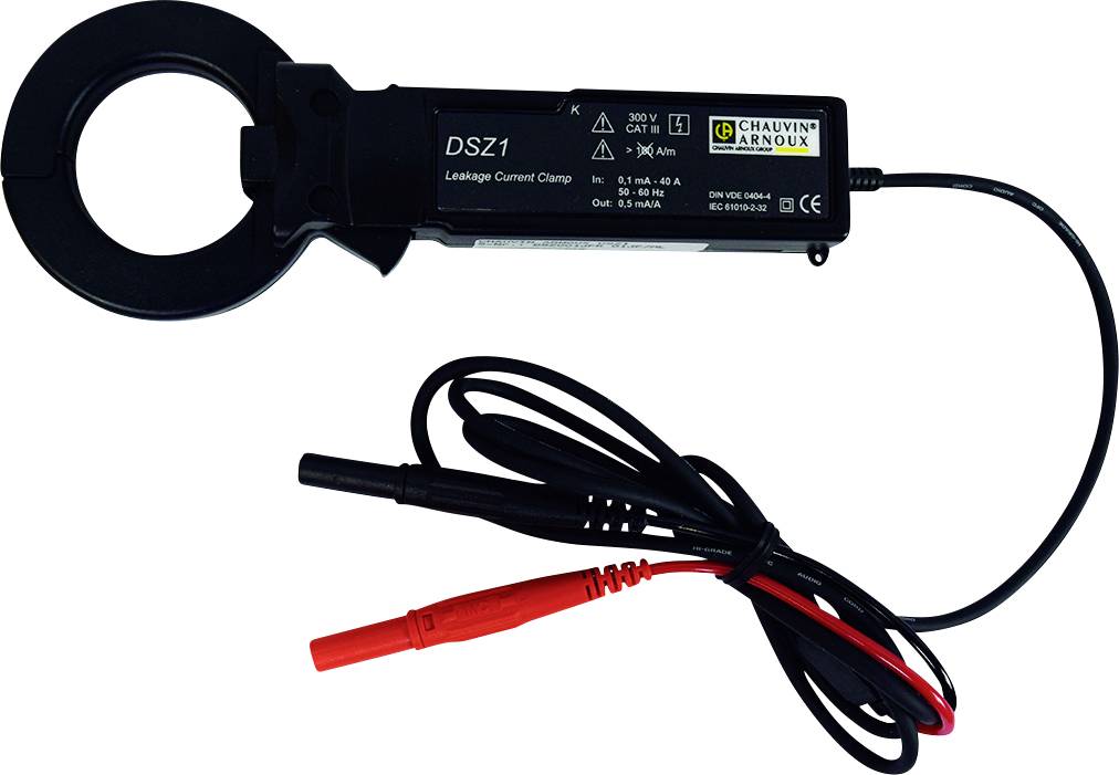 En strømtang med påskriften 'DSZ1' og varemærke. Sort kabel med rød og sort stik til strømmåling.