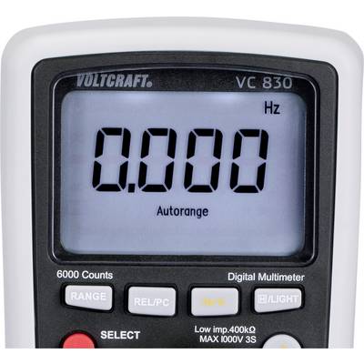 Et digitalt multimeter med visningen '0.000 Hz' i autorange-tilstand, mærke Voltcraft, model VC 830.