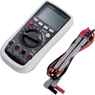 Digitalt multimeter med display og betjeningsknapper, ligger ved siden af røde og sorte måleledninger. Bruges til at måle elektriske værdier.