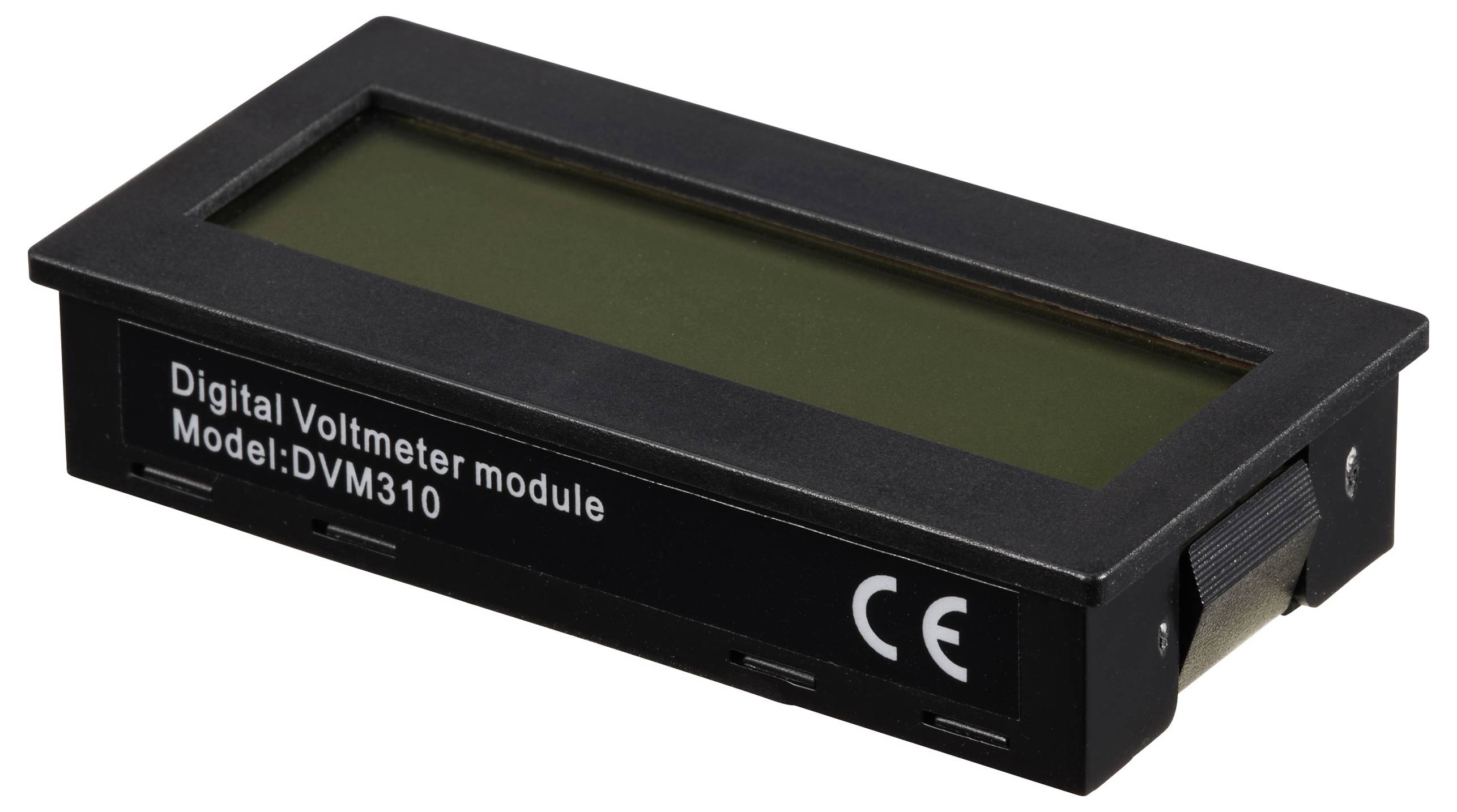 Digitalt voltmetermodul med påskriften 'Model: DVM310' og CE-mærkning, rektangulær display i sort kabinet.