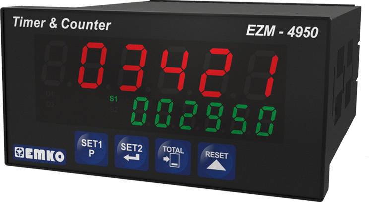 Digital display 'Timer & Counter' viser 03421 i rødt øverst og 002950 i grønt nederst. Til venstre er der taster 'SET1', 'SET2' og 'RESET'.