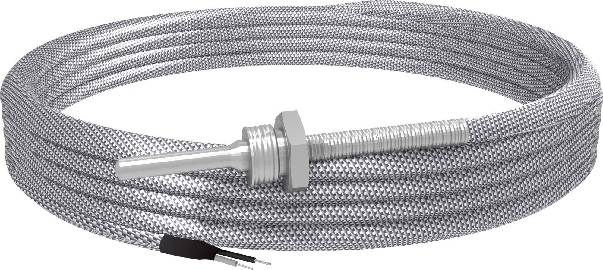 Sammenflettet sølvkabel med metalprobe og to sorte tilslutningsledninger. Egnet til temperaturmåling i tekniske applikationer.