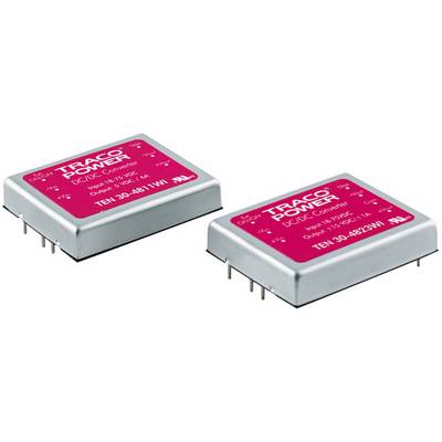 To elektroniske rektangulære komponenter med påskriften 'TRACO POWER DC/DC Converter', i sølv med røde etiketter.