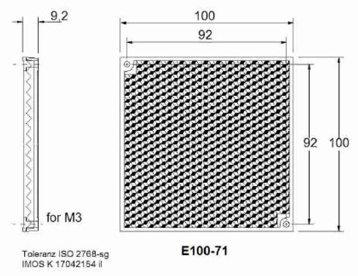 Teknisk tegning af et firkantet ventilationsgitter, 100x100 mm, med 92 mm kantlængde og skruehuller til M3.
