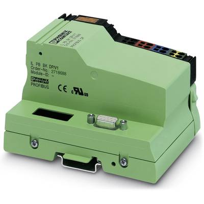 Et grønt elektronisk modul med påskriften 'Phoenix Contact' og 'PROFIBUS', som bruges i industrielle automatiseringssystemer.