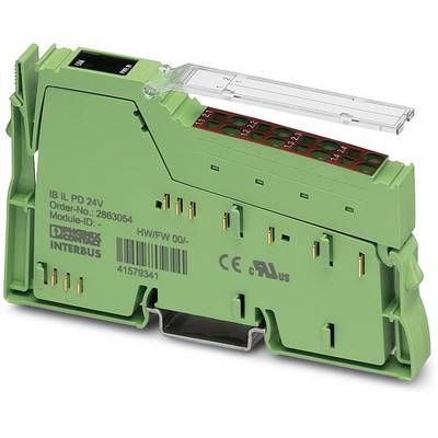 Grøn elektronisk modul med påskriften 'IB IL PD 24V', viser tilslutninger og tekniske oplysninger. Bruges til industrielle styringer.