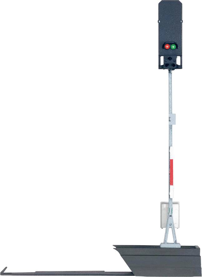 Et jernbanesignal viser et grønt og et rødt lys. Signalet står på en grå mast med røde markeringer.