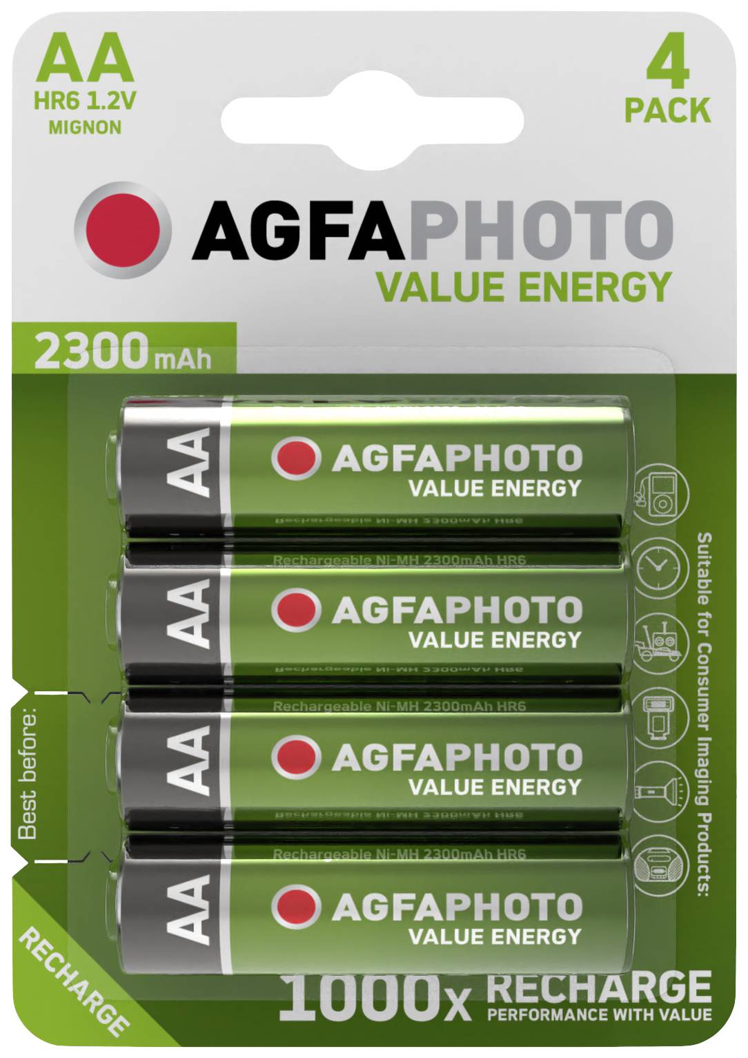 Fire AA-batterier fra AGFAPHOTO, mærket 'Value Energy', 2300 mAh, kan genoplades op til 1000 gange, i grøn emballage.