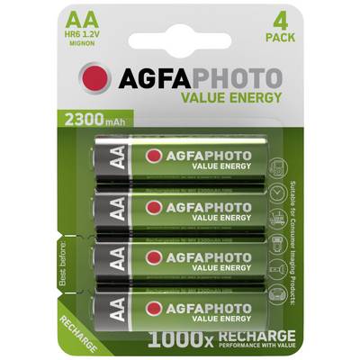 Fire AA-batterier fra AGFAPHOTO, mærket 'Value Energy', 2300 mAh, kan genoplades op til 1000 gange, i grøn emballage.