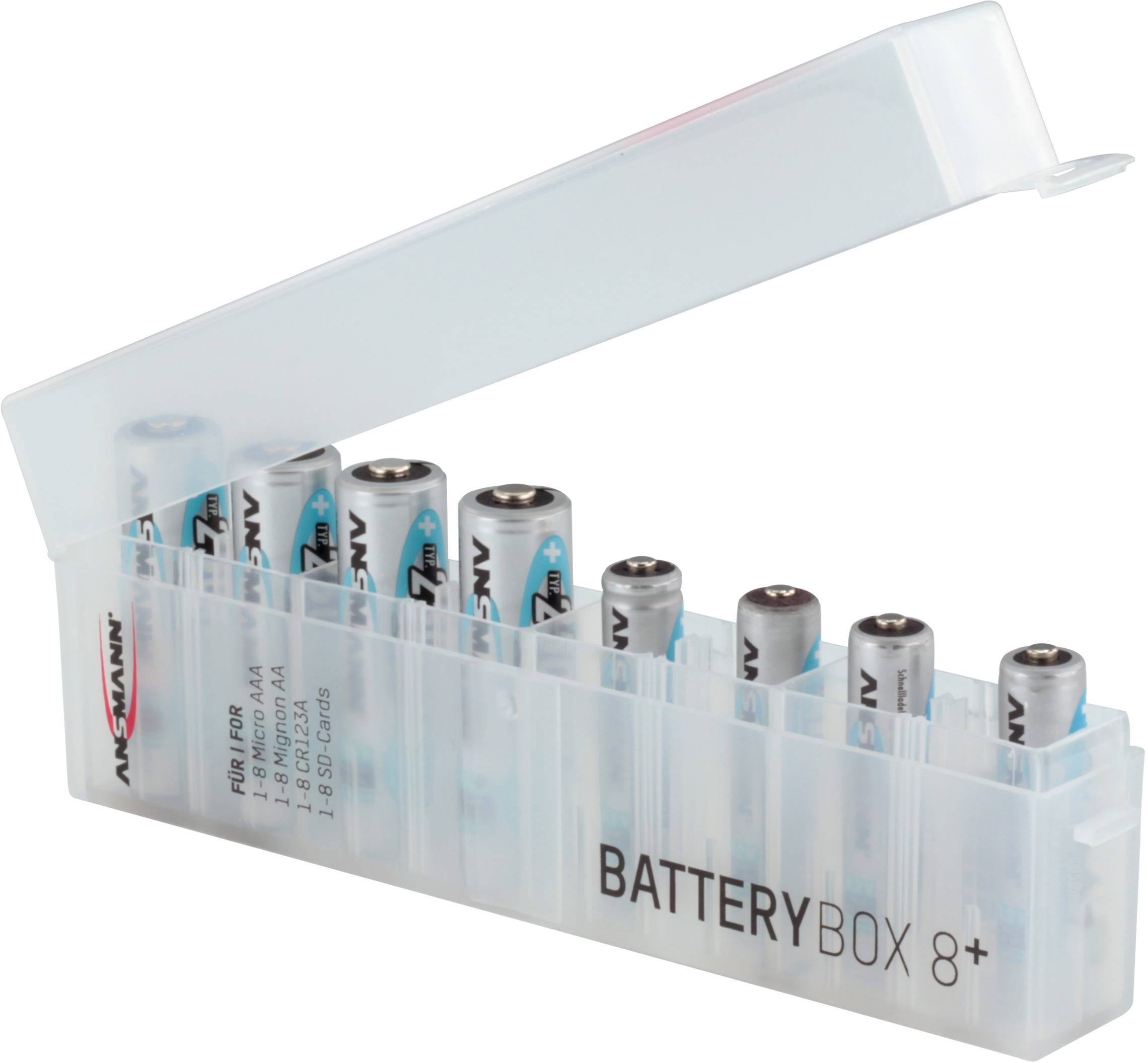 En gennemsigtig batteriboks med otte stående AA-batterier, hvoraf nogle er delvist synlige.
